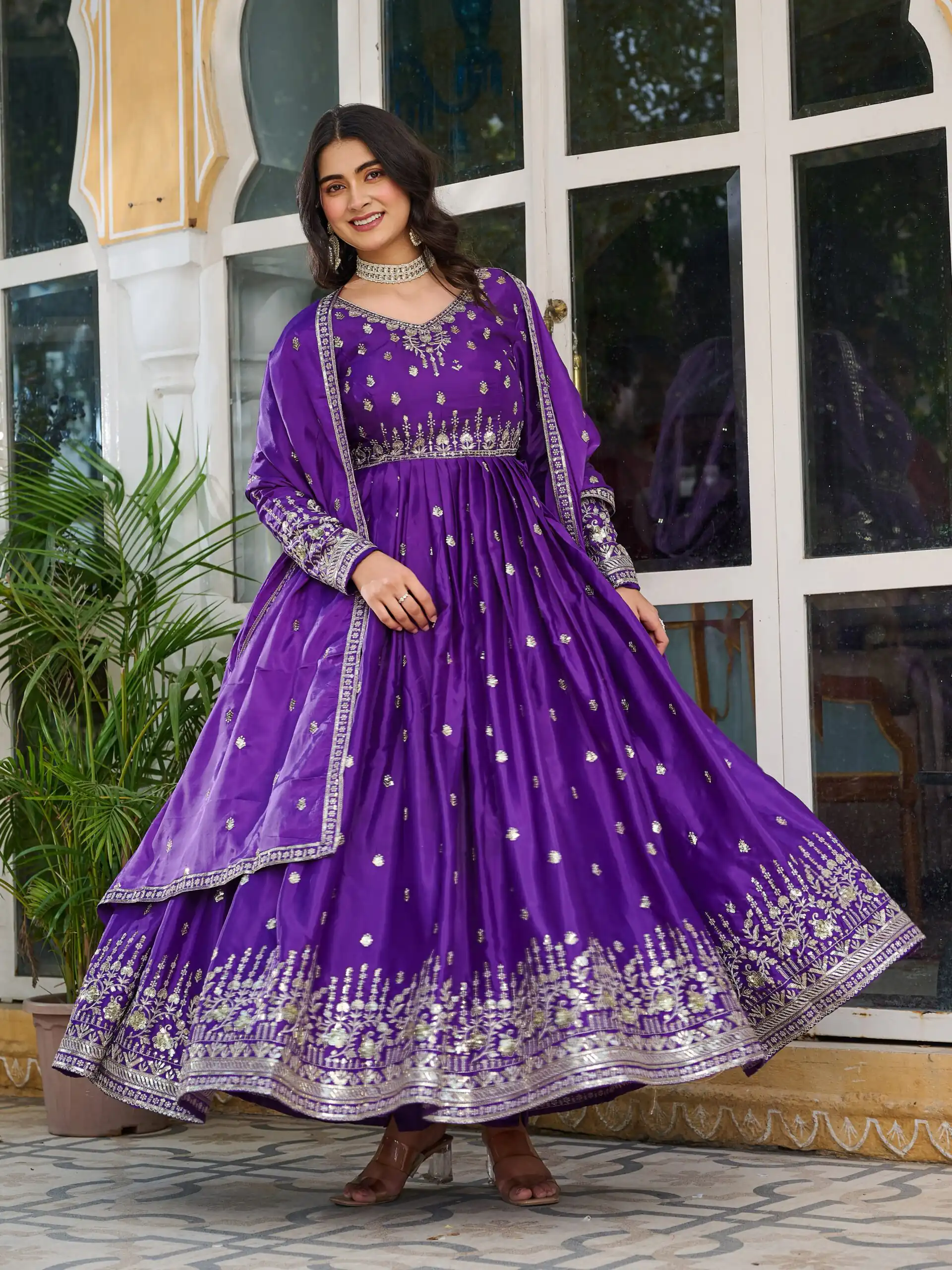 SP 12 Purple in American Silk Sequins Work & Thread Embroidery Gown . Introductory Price ₹2399. Delivery 4-6 Working Days. Shop now. | Bollywood Gowns, Creative Gowns, Designer Gowns, Embroidered Gowns, Gowns, Party Wear Gowns