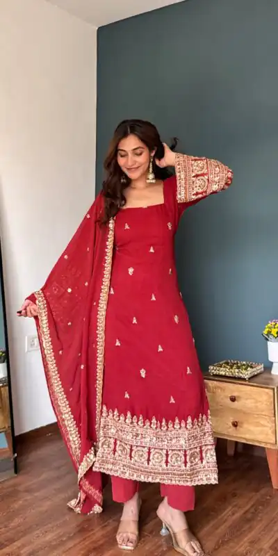 KD 1548 Red | Red Faux Georgette Salwar Suit with Lace Work & Lace Border. Festive Deal ₹2049. Delivery 4-6 Working Days. Shop now. | Casual Suits, Jump Suits, Creative suits, Designer Suits, Palazzo Suits, Party Wear Suits, Patiala Suits, Salwar suit, Straight Suits