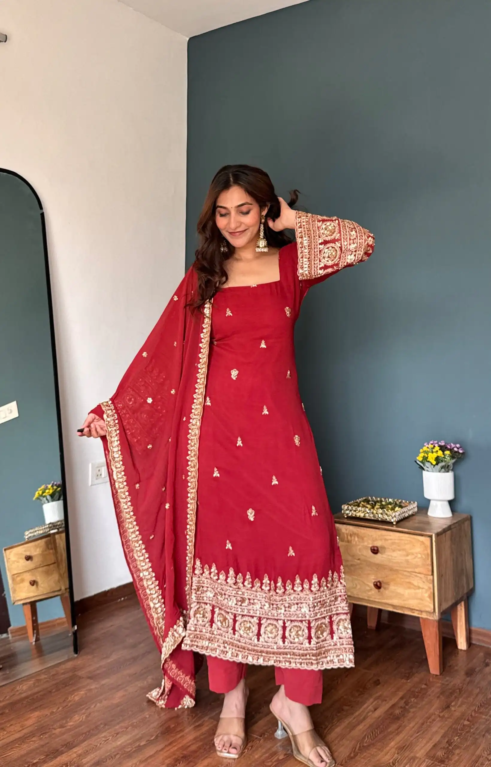 KD 1548 Red | Red Faux Georgette Salwar Suit with Lace Work & Lace Border. Festive Deal ₹2049. Delivery 4-6 Working Days. Shop now. | Casual Suits, Jump Suits, Creative suits, Designer Suits, Palazzo Suits, Party Wear Suits, Patiala Suits, Salwar suit, Straight Suits