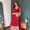 KD 1548 Red | Red Faux Georgette Salwar Suit with Lace Work & Lace Border. Festive Deal ₹2049. Delivery 4-6 Working Days. Shop now. | Casual Suits, Jump Suits, Creative suits, Designer Suits, Palazzo Suits, Party Wear Suits, Patiala Suits, Salwar suit, Straight Suits