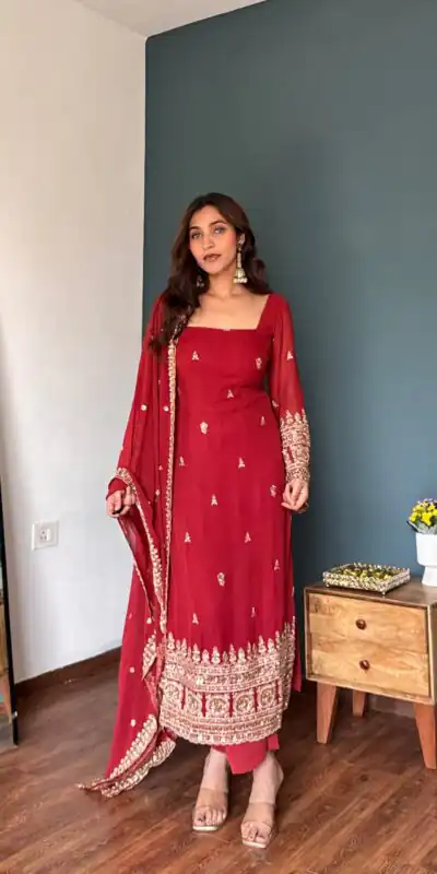 KD 1548 Red | Red Faux Georgette Salwar Suit with Lace Work & Lace Border. Festive Deal ₹2049. Delivery 4-6 Working Days. Shop now. | Casual Suits, Jump Suits, Creative suits, Designer Suits, Palazzo Suits, Party Wear Suits, Patiala Suits, Salwar suit, Straight Suits