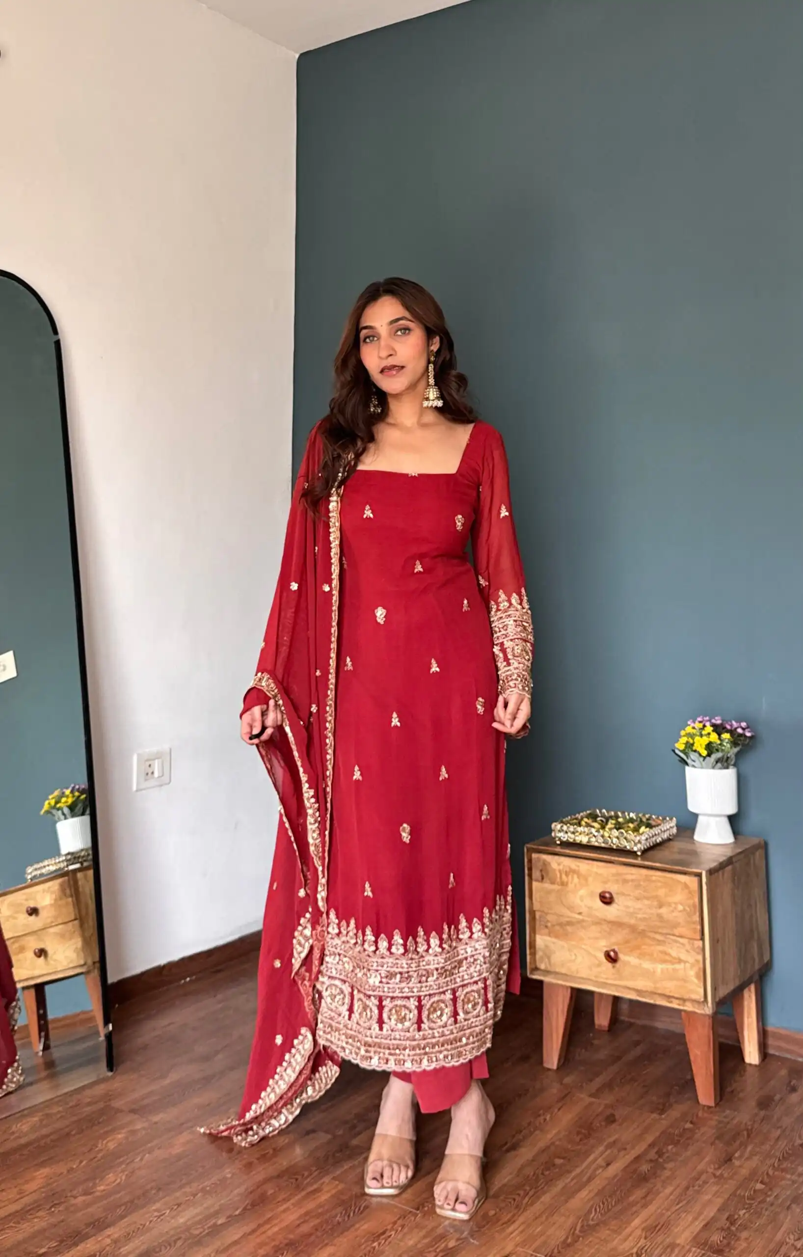 KD 1548 Red | Red Faux Georgette Salwar Suit with Lace Work & Lace Border. Festive Deal ₹2049. Delivery 4-6 Working Days. Shop now. | Casual Suits, Jump Suits, Creative suits, Designer Suits, Palazzo Suits, Party Wear Suits, Patiala Suits, Salwar suit, Straight Suits
