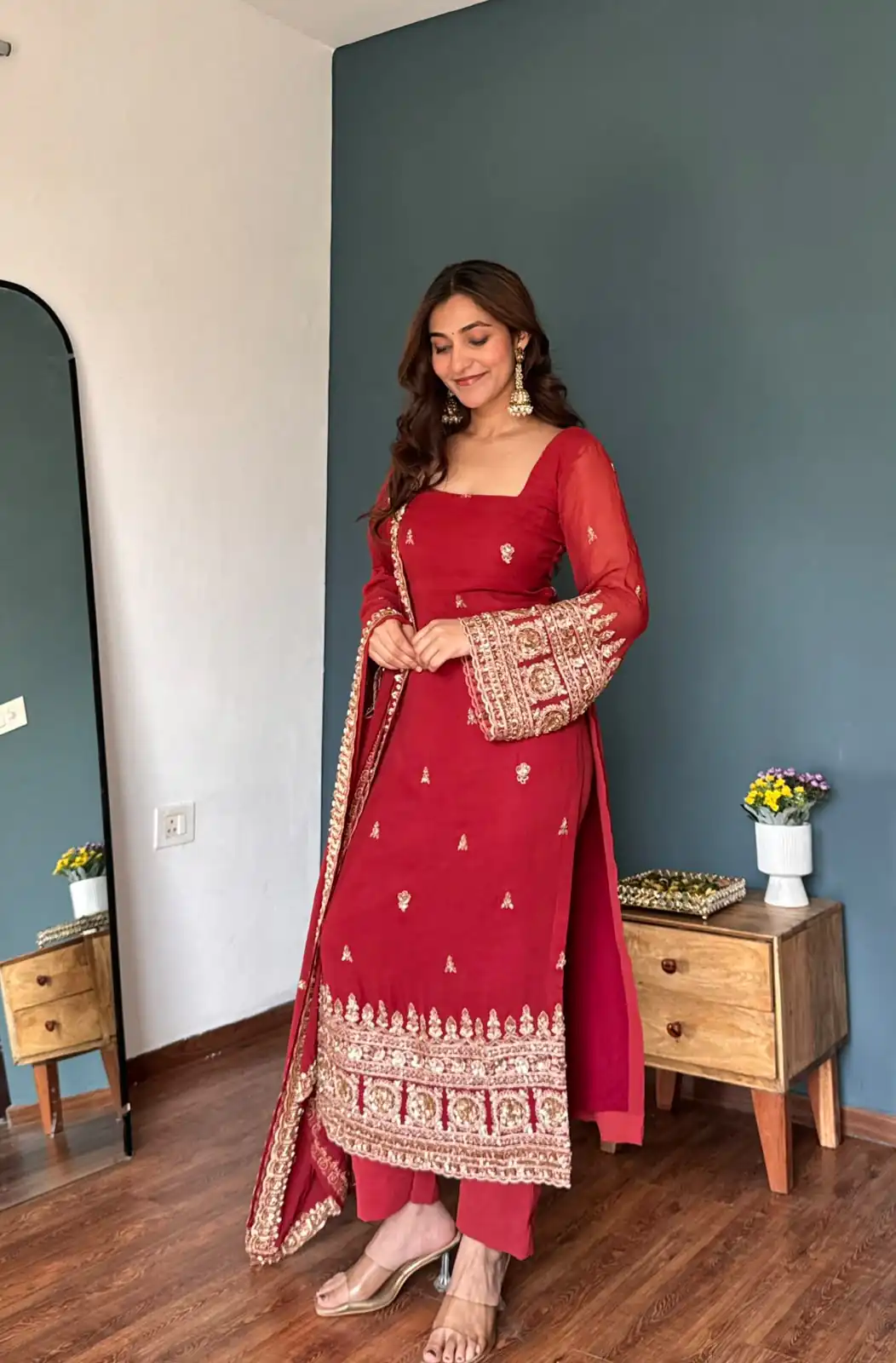 KD 1548 Red | Red Faux Georgette Salwar Suit with Lace Work & Lace Border. Festive Deal ₹2049. Delivery 4-6 Working Days. Shop now. | Casual Suits, Jump Suits, Creative suits, Designer Suits, Palazzo Suits, Party Wear Suits, Patiala Suits, Salwar suit, Straight Suits