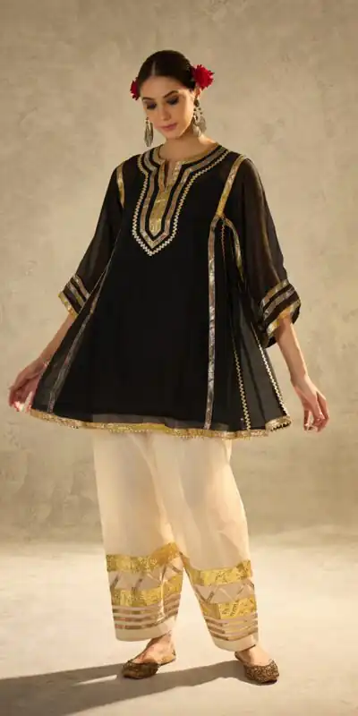 ST 1169 Black Black Chinon Salwar Suit with Gotta Patti Work. Available at ₹1849 only. Delivery 4-6 Working Days. Shop now. | Casual Suits, Jump Suits, Creative suits, Designer Suits, Palazzo Suits, Party Wear Suits, Patiala Suits, Salwar suit, Straight Suits
