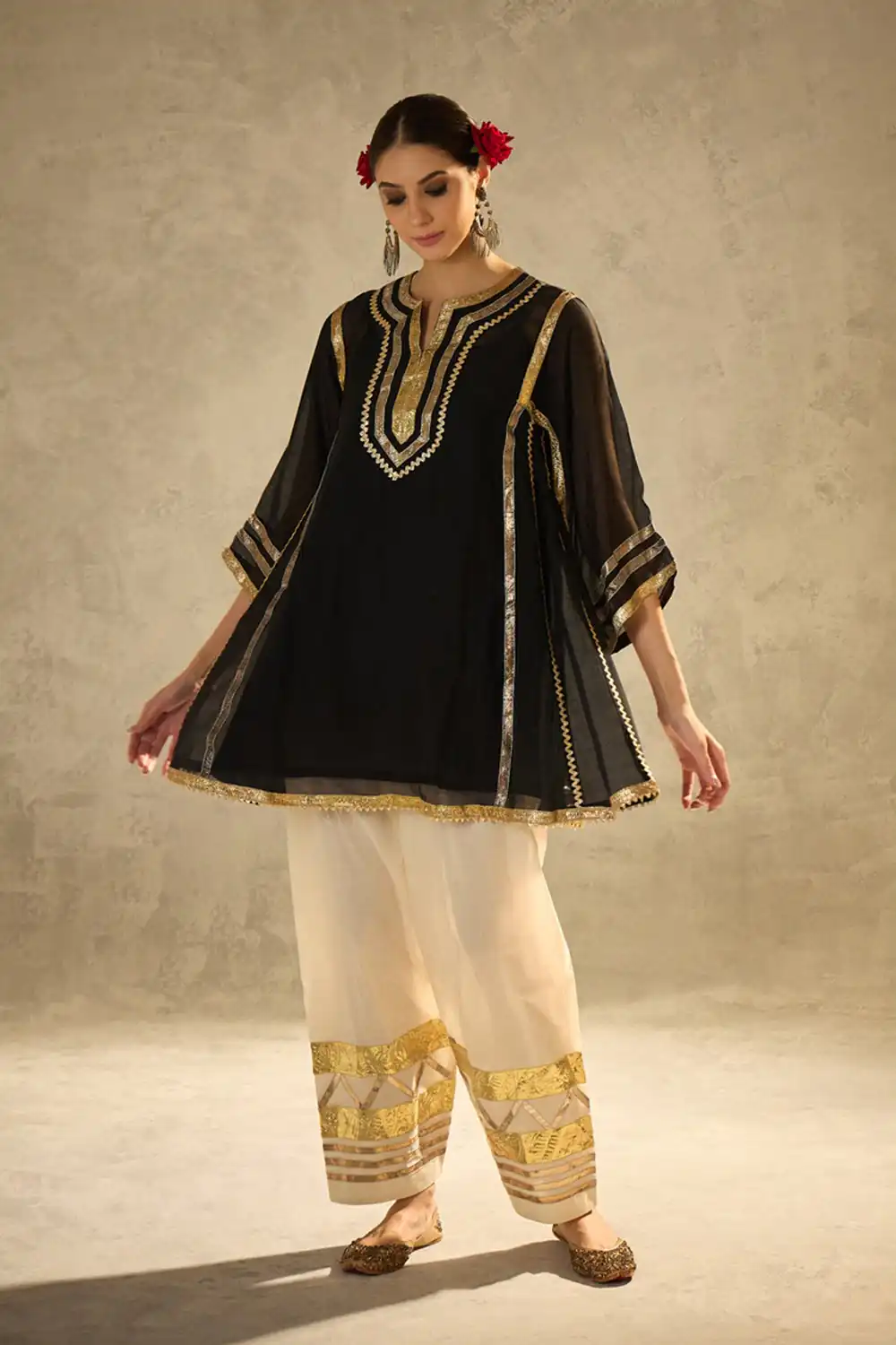 ST 1169 Black Black Chinon Salwar Suit with Gotta Patti Work. Available at ₹1849 only. Delivery 4-6 Working Days. Shop now. | Casual Suits, Jump Suits, Creative suits, Designer Suits, Palazzo Suits, Party Wear Suits, Patiala Suits, Salwar suit, Straight Suits