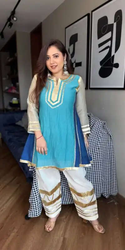 ST 1169 Blue Color Chinon Salwar Suit with Gotta Patti Work. Available at ₹1849 only. Delivery 4-6 Working Days. Shop now. | Casual Suits, Jump Suits, Creative suits, Designer Suits, Palazzo Suits, Party Wear Suits, Patiala Suits, Salwar suit, Straight Suits