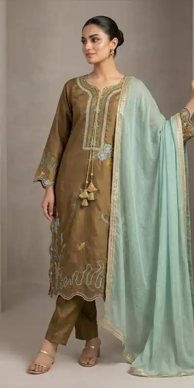 LG 2120 Brown | Brown Glass Roman Salwar Suit with Embroidery Work. Introductory Price ₹1999. Delivery 4-6 Working Days. Shop now. | Casual Suits, Jump Suits, Creative suits, Designer Suits, Palazzo Suits, Party Wear Suits, Patiala Suits, Salwar suit, Straight Suits