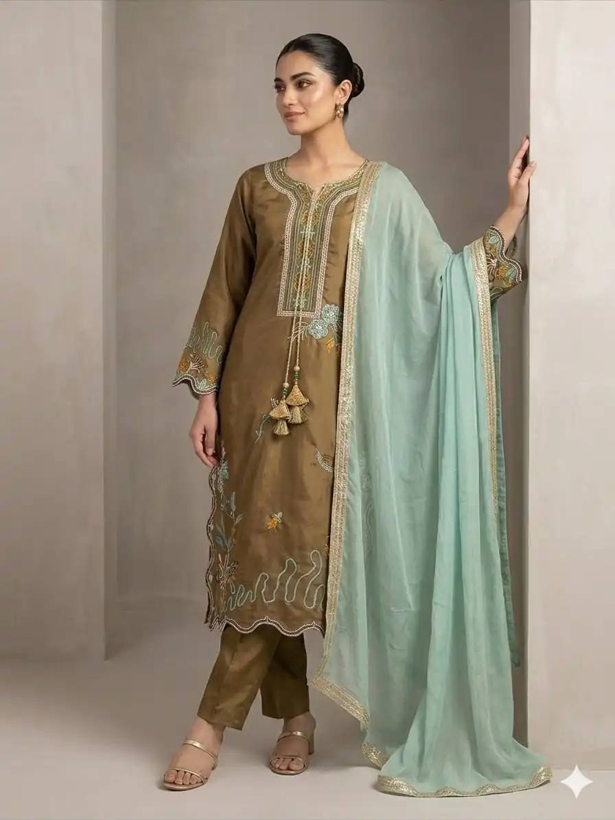 LG 2120 Brown | Brown Glass Roman Salwar Suit with Embroidery Work. Introductory Price ₹1999. Delivery 4-6 Working Days. Shop now. | Casual Suits, Jump Suits, Creative suits, Designer Suits, Palazzo Suits, Party Wear Suits, Patiala Suits, Salwar suit, Straight Suits
