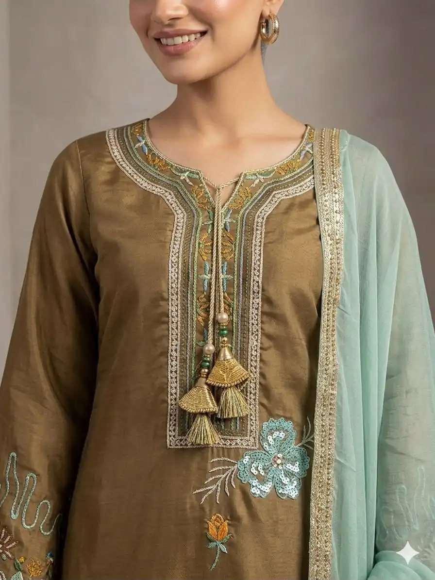 LG 2120 Brown | Brown Glass Roman Salwar Suit with Embroidery Work. Introductory Price ₹1999. Delivery 4-6 Working Days. Shop now. | Casual Suits, Jump Suits, Creative suits, Designer Suits, Palazzo Suits, Party Wear Suits, Patiala Suits, Salwar suit, Straight Suits