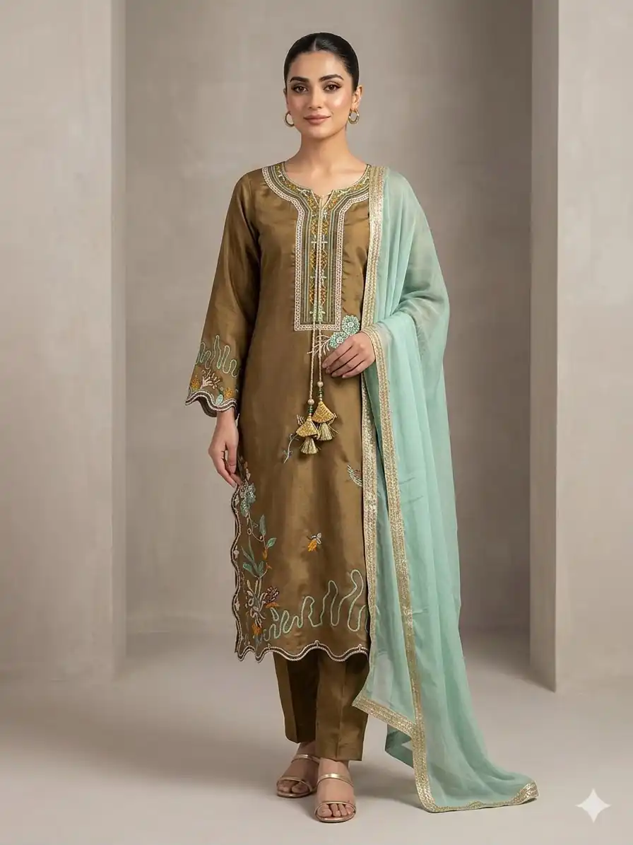 LG 2120 Brown | Brown Glass Roman Salwar Suit with Embroidery Work. Introductory Price ₹1999. Delivery 4-6 Working Days. Shop now. | Casual Suits, Jump Suits, Creative suits, Designer Suits, Palazzo Suits, Party Wear Suits, Patiala Suits, Salwar suit, Straight Suits