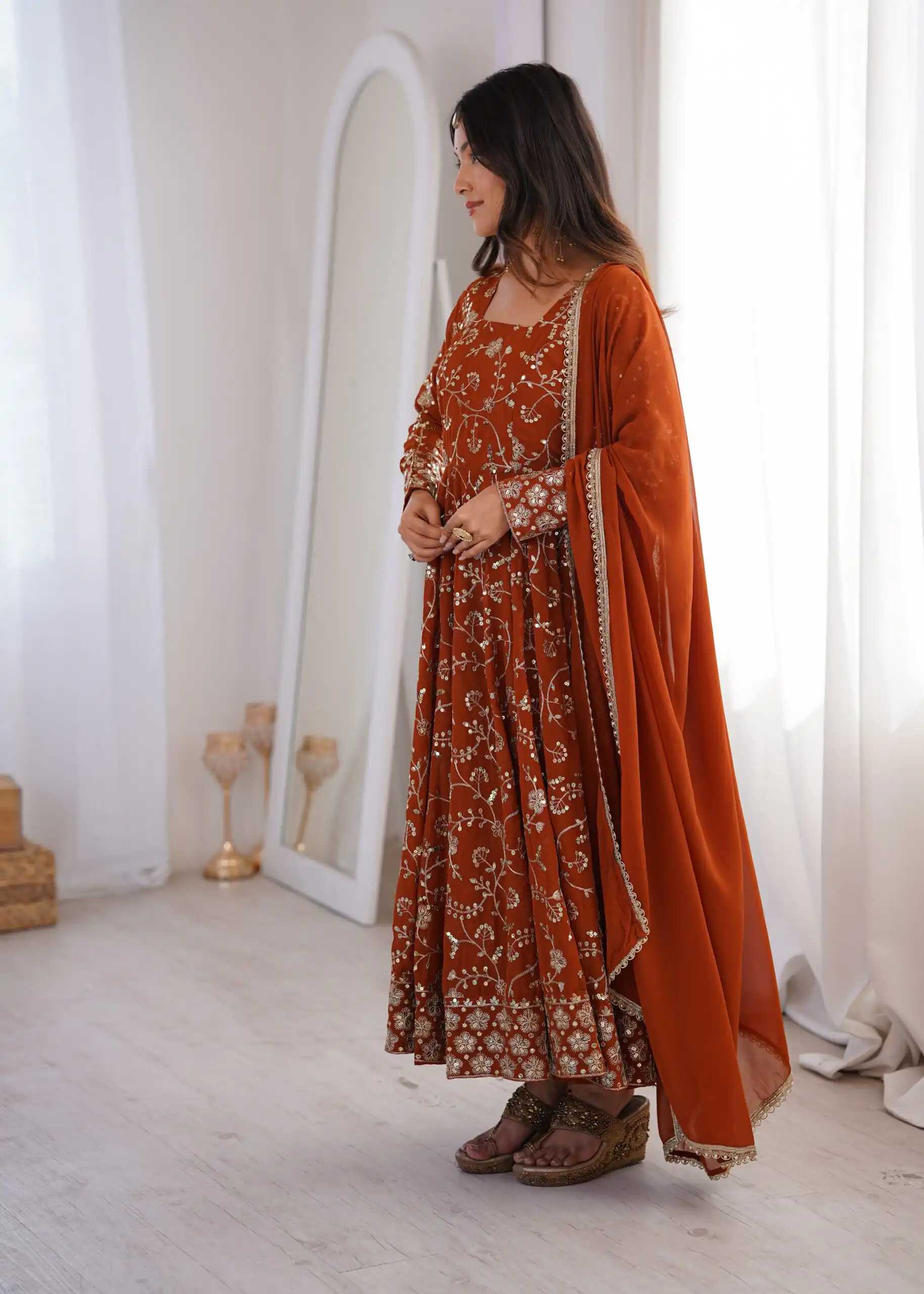 ZF 5024 Rust Fox Perfect for Wedding, Party, Durga Puja, Diwali, Anniversary –Georgette Gown. Now at just ₹2399. Delivery 4-6 Working Days. Shop now. | Bollywood Gowns, Creative Gowns, Designer Gowns, Embroidered Gowns, Gowns, Party Wear Gowns