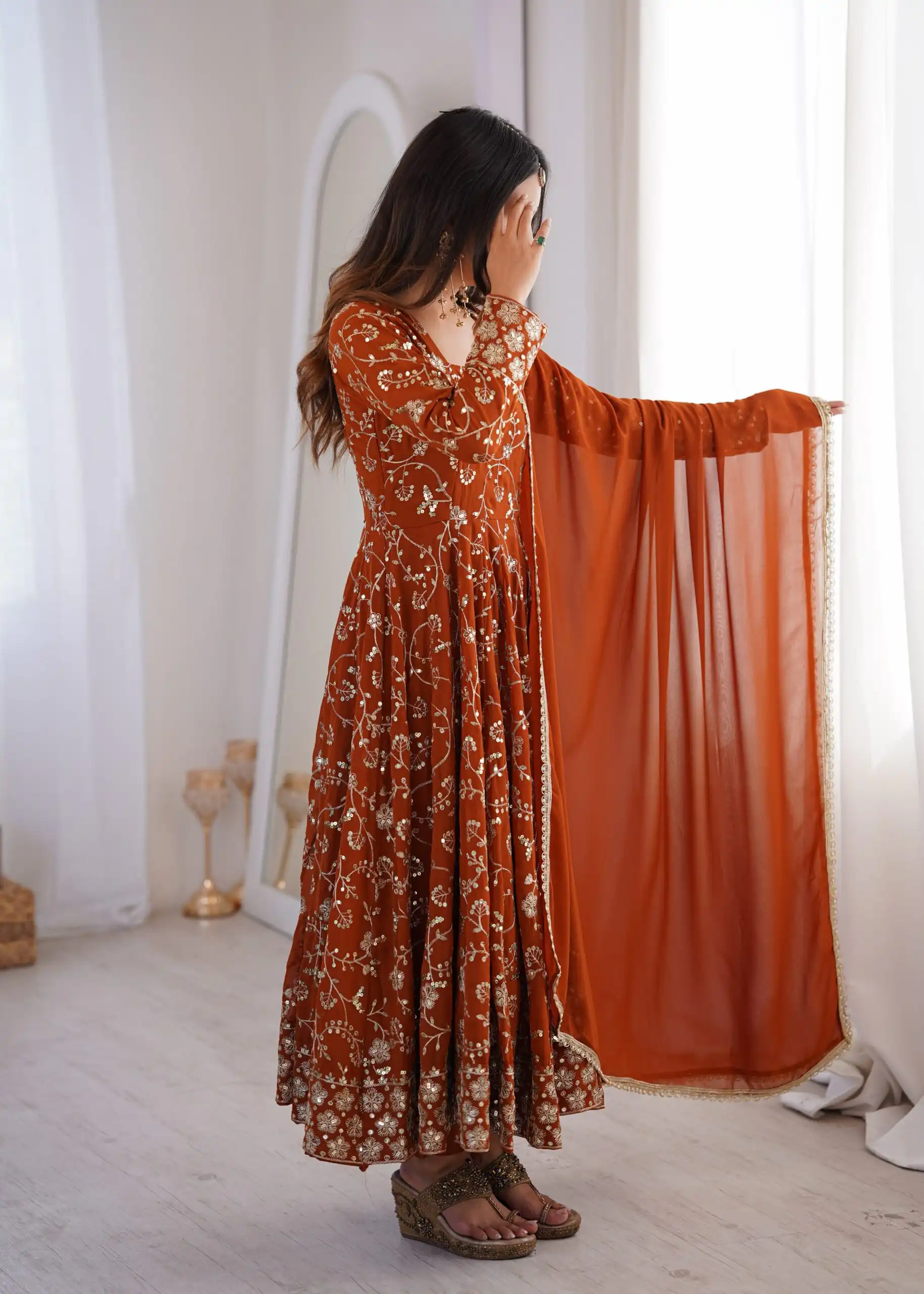 ZF 5024 Rust Fox Perfect for Wedding, Party, Durga Puja, Diwali, Anniversary –Georgette Gown. Now at just ₹2399. Delivery 4-6 Working Days. Shop now. | Bollywood Gowns, Creative Gowns, Designer Gowns, Embroidered Gowns, Gowns, Party Wear Gowns