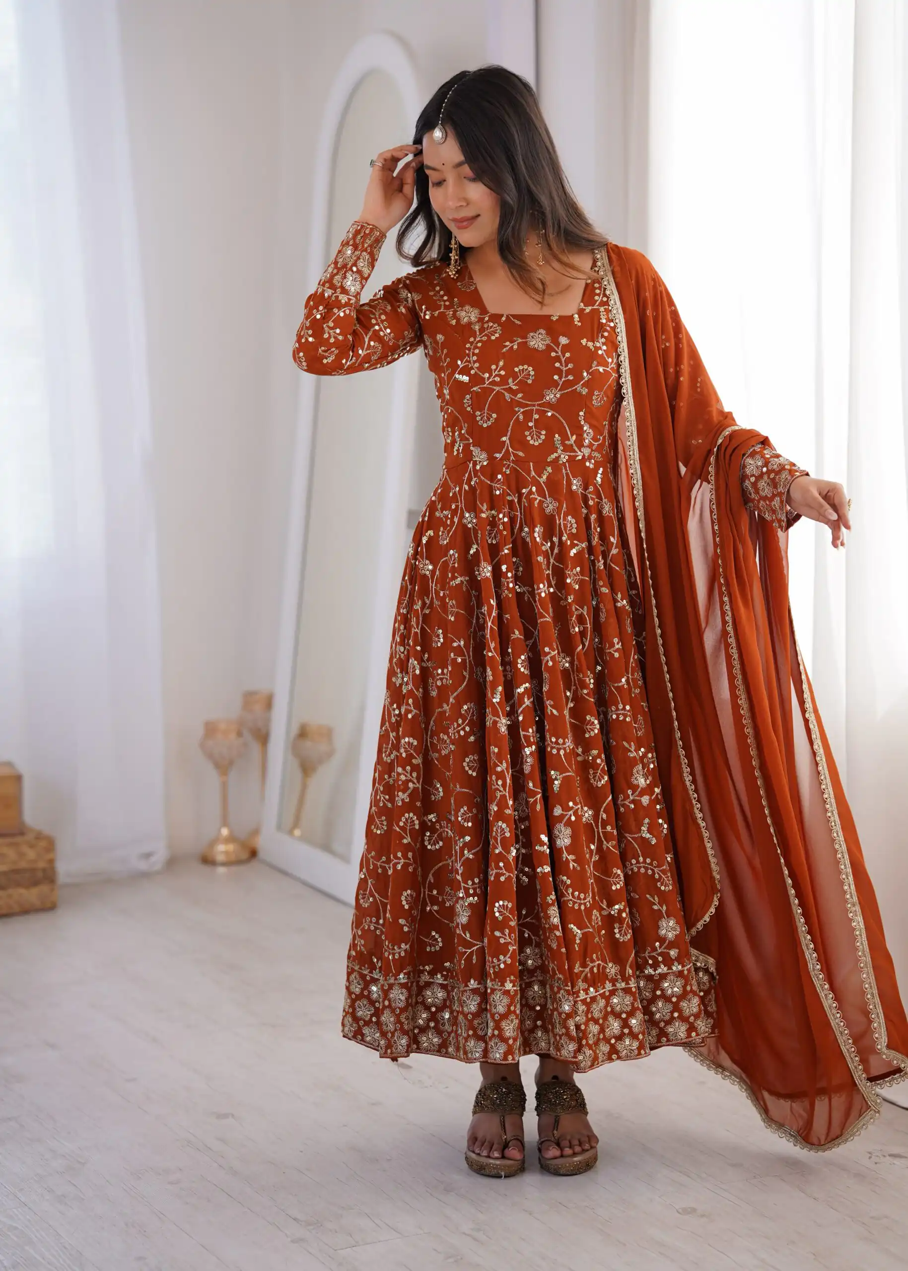 ZF 5024 Rust Fox Perfect for Wedding, Party, Durga Puja, Diwali, Anniversary –Georgette Gown. Now at just ₹2399. Delivery 4-6 Working Days. Shop now. | Bollywood Gowns, Creative Gowns, Designer Gowns, Embroidered Gowns, Gowns, Party Wear Gowns