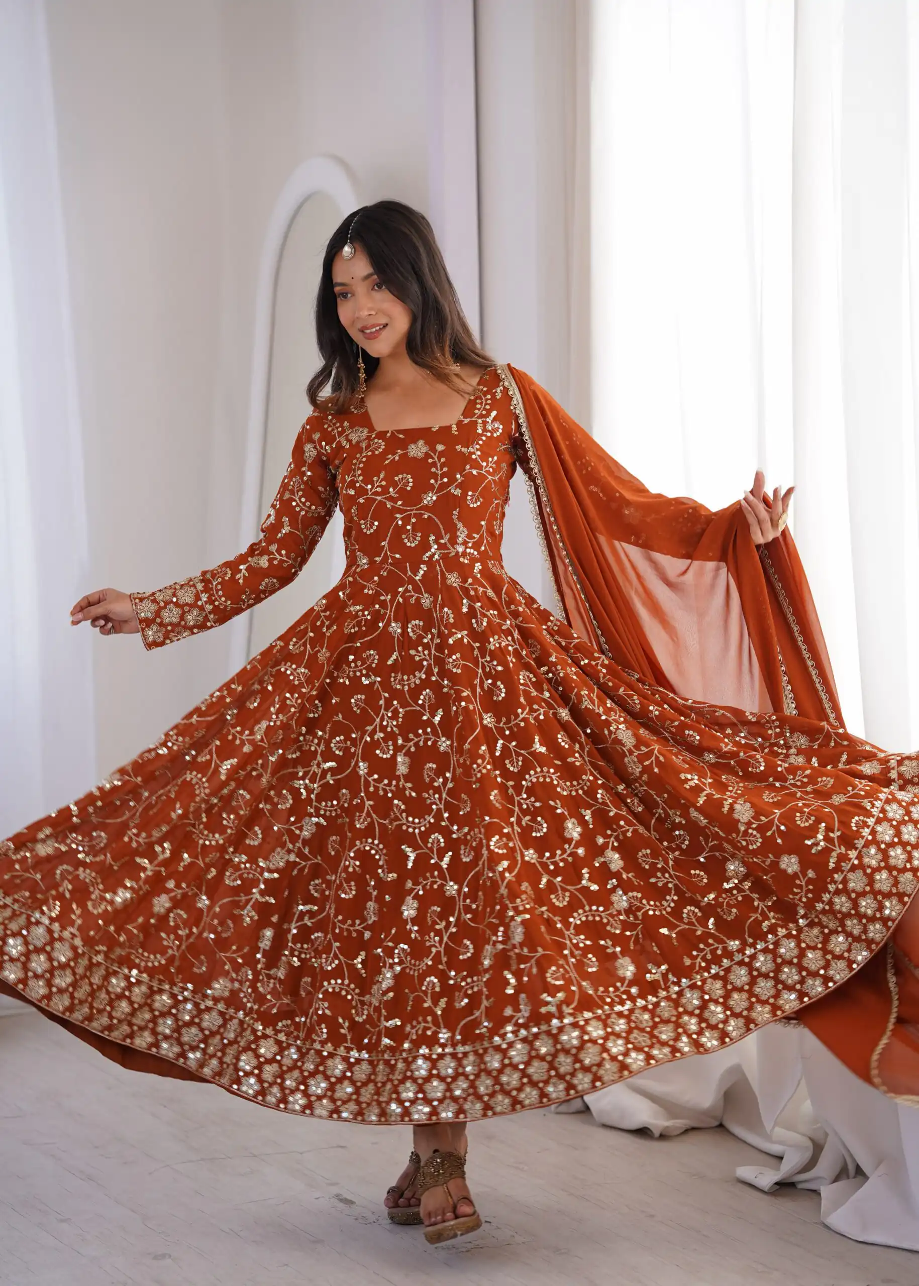 ZF 5024 Rust Fox Perfect for Wedding, Party, Durga Puja, Diwali, Anniversary –Georgette Gown. Now at just ₹2399. Delivery 4-6 Working Days. Shop now. | Bollywood Gowns, Creative Gowns, Designer Gowns, Embroidered Gowns, Gowns, Party Wear Gowns