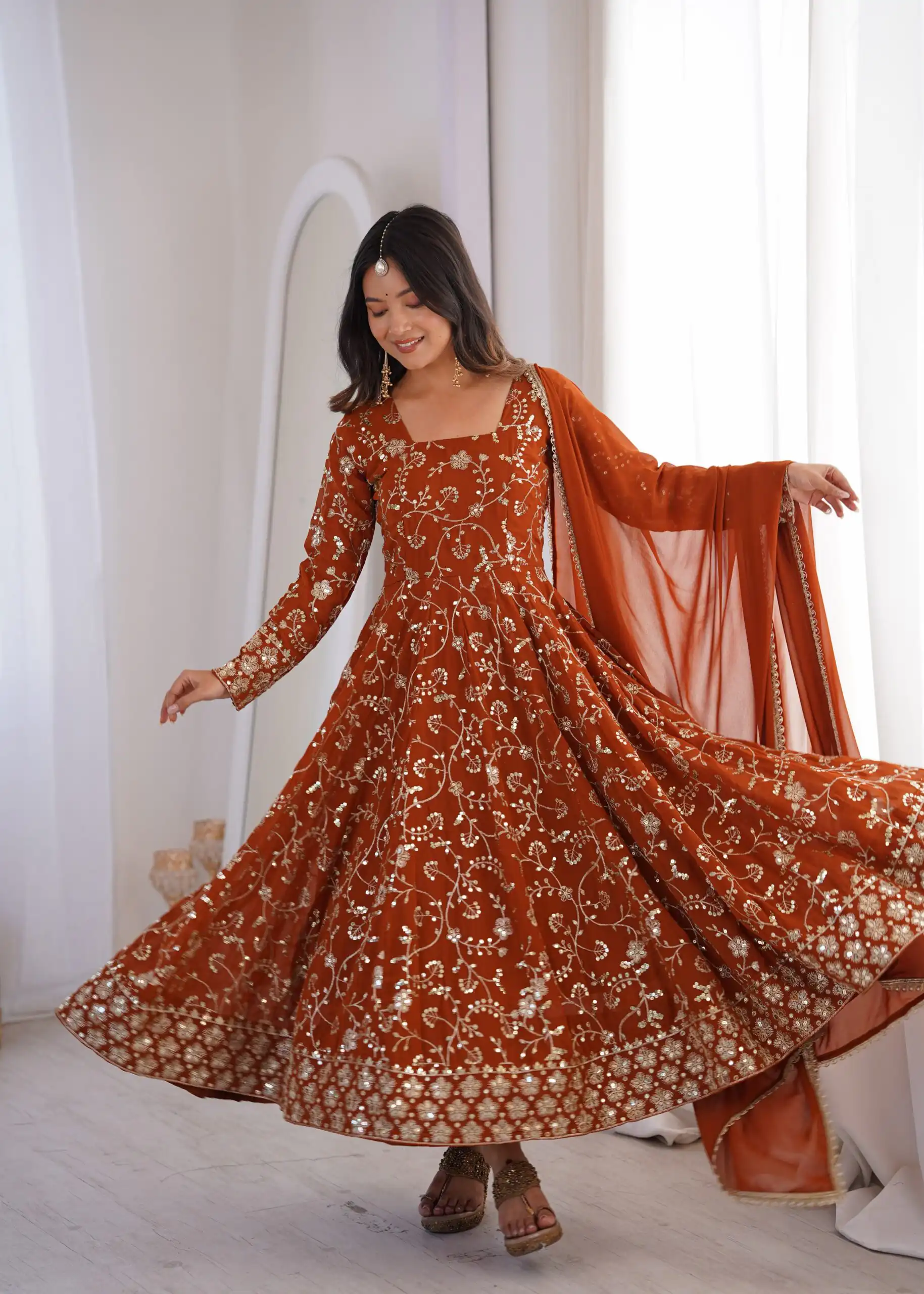 ZF 5024 Rust Fox Perfect for Wedding, Party, Durga Puja, Diwali, Anniversary –Georgette Gown. Now at just ₹2399. Delivery 4-6 Working Days. Shop now. | Bollywood Gowns, Creative Gowns, Designer Gowns, Embroidered Gowns, Gowns, Party Wear Gowns