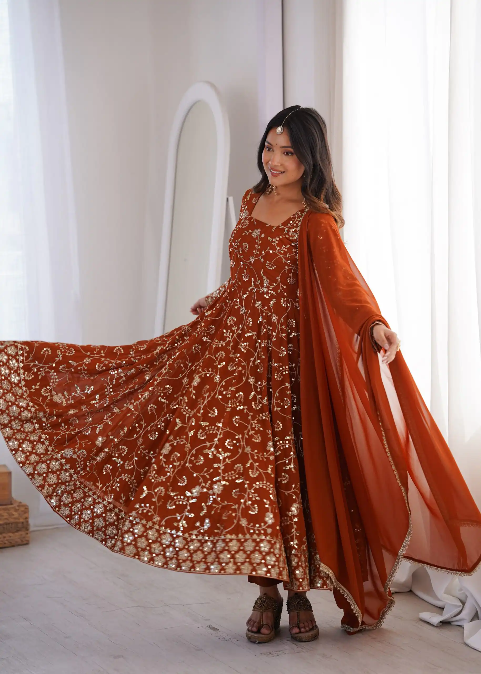 ZF 5024 Rust Fox Perfect for Wedding, Party, Durga Puja, Diwali, Anniversary –Georgette Gown. Now at just ₹2399. Delivery 4-6 Working Days. Shop now. | Bollywood Gowns, Creative Gowns, Designer Gowns, Embroidered Gowns, Gowns, Party Wear Gowns