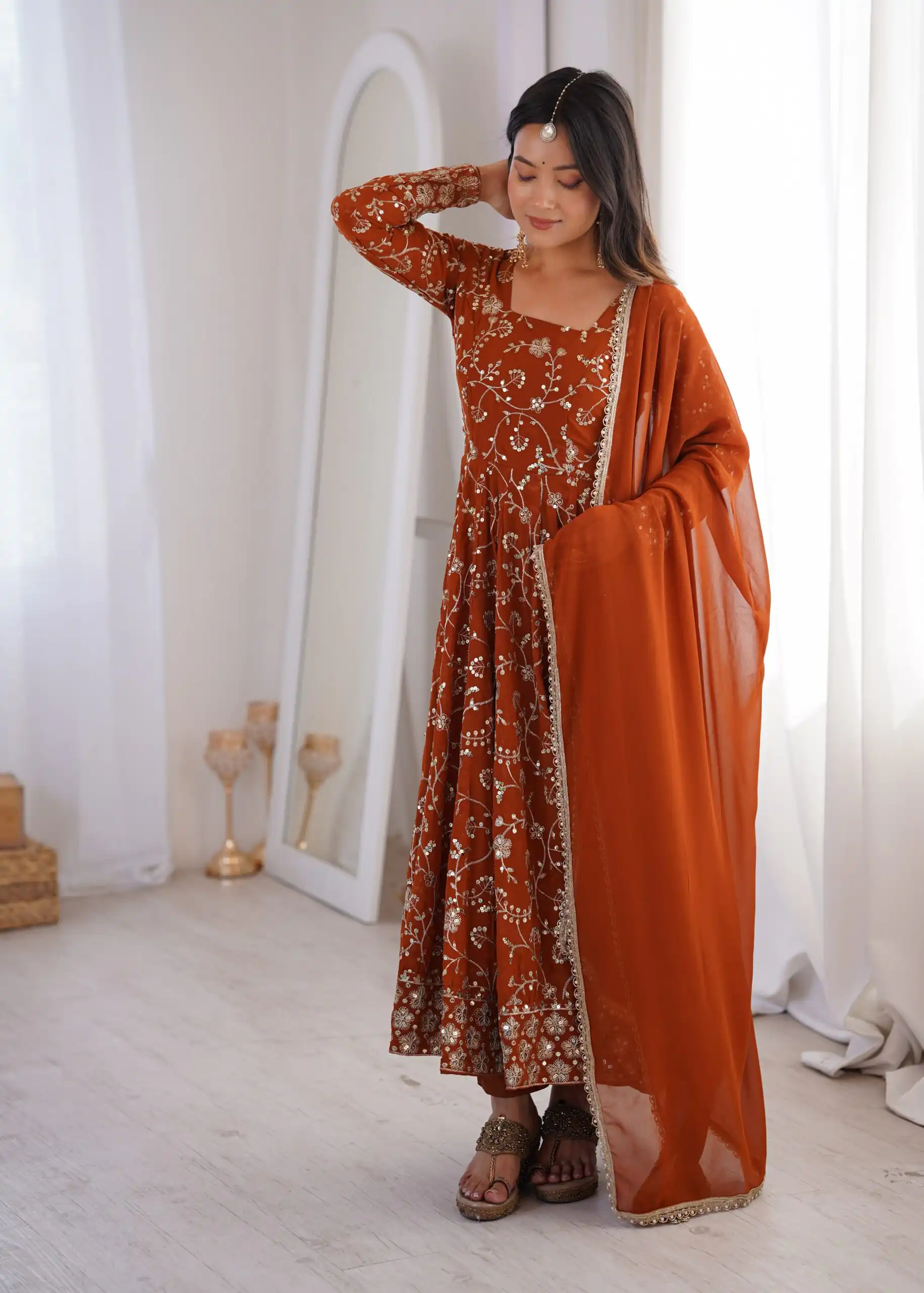 ZF 5024 Rust Fox Perfect for Wedding, Party, Durga Puja, Diwali, Anniversary –Georgette Gown. Now at just ₹2399. Delivery 4-6 Working Days. Shop now. | Bollywood Gowns, Creative Gowns, Designer Gowns, Embroidered Gowns, Gowns, Party Wear Gowns
