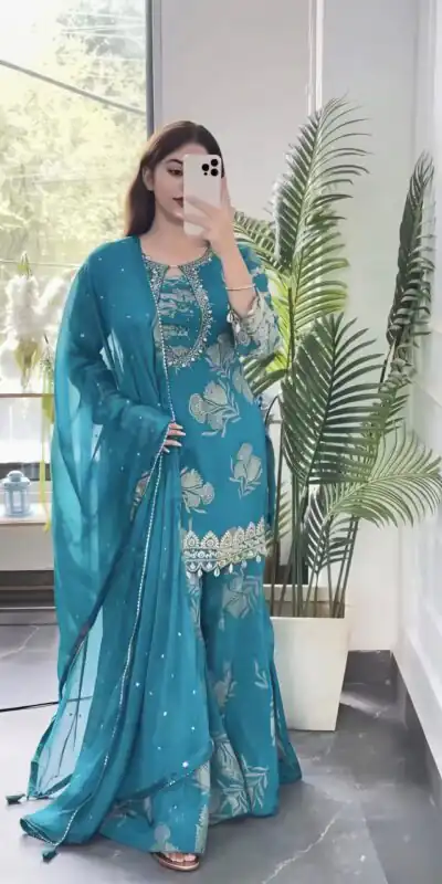 NSR 900 Sky Blue Faux Georgette Salwar Suit with Sequins Work & Embroidery Work. Now at just ₹2150. Delivery 4-6 Working Days. Shop now. | Casual Suits, Jump Suits, Creative suits, Designer Suits, Palazzo Suits, Party Wear Suits, Patiala Suits, Salwar suit