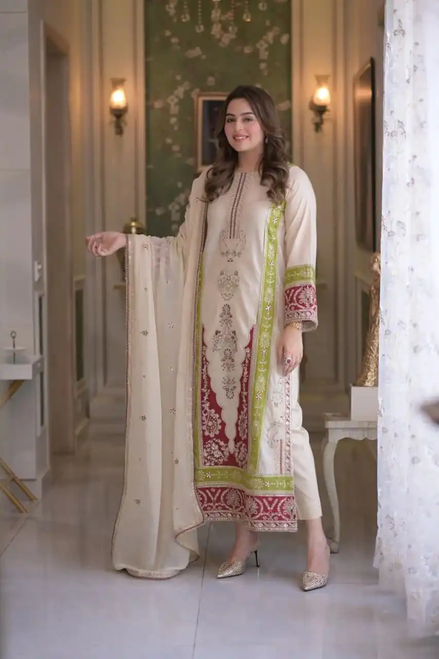 AD 238 Cream Roman Silk Salwar Suit Perfect for Wedding, Party, Lohri, Onam, Reception – . Grab it for ₹2399. Delivery 4-6 Working Days. Shop now. | Casual Suits, Jump Suits, Creative suits, Designer Suits, Palazzo Suits, Party Wear Suits, Patiala Suits, Salwar suit, Straight Suits