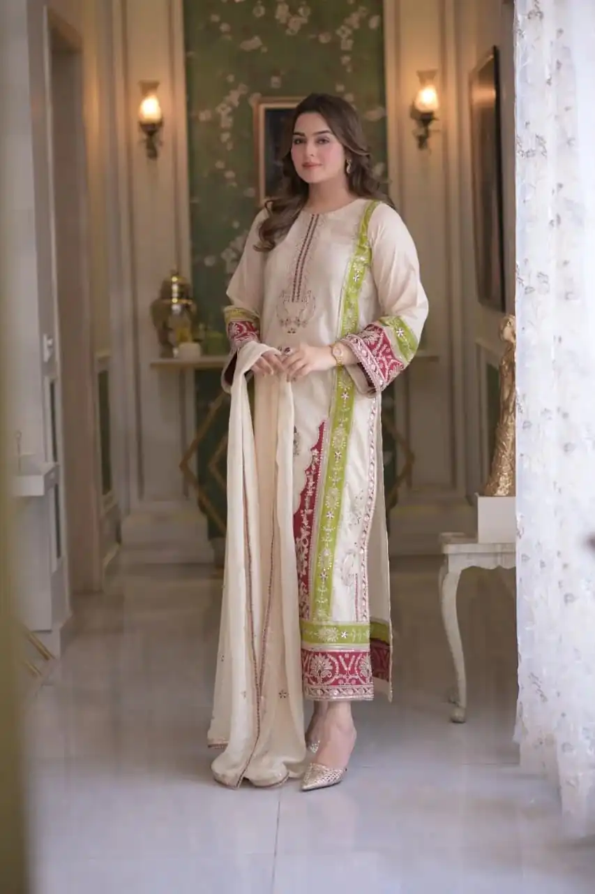 AD 238 Cream Roman Silk Salwar Suit Perfect for Wedding, Party, Lohri, Onam, Reception – . Grab it for ₹2399. Delivery 4-6 Working Days. Shop now. | Casual Suits, Jump Suits, Creative suits, Designer Suits, Palazzo Suits, Party Wear Suits, Patiala Suits, Salwar suit, Straight Suits