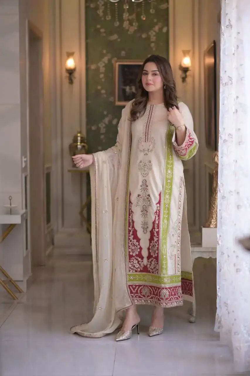 AD 238 Cream Roman Silk Salwar Suit Perfect for Wedding, Party, Lohri, Onam, Reception – . Grab it for ₹2399. Delivery 4-6 Working Days. Shop now. | Casual Suits, Jump Suits, Creative suits, Designer Suits, Palazzo Suits, Party Wear Suits, Patiala Suits, Salwar suit, Straight Suits
