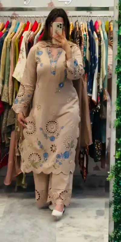 VLM 343 Chiku Roman Salwar Suit with Cut Work & Embroidery Work. Exclusive Offer ₹2449. Delivery 4-6 Working Days. Shop now. | Casual Suits, Jump Suits, Creative suits, Designer Suits, Palazzo Suits, Party Wear Suits, Patiala Suits, Salwar suit, Straight Suits