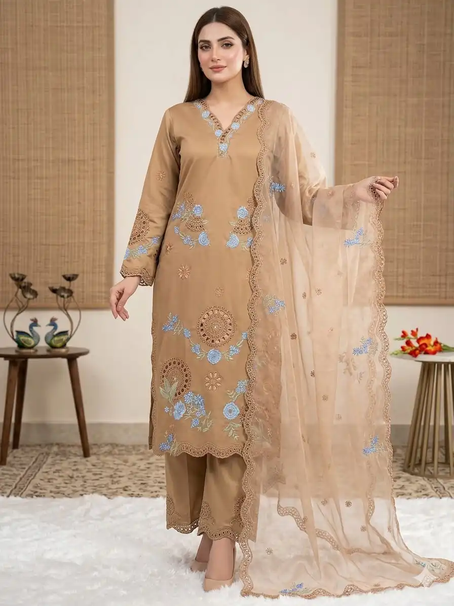 VLM 343 Chiku Roman Salwar Suit with Cut Work & Embroidery Work. Exclusive Offer ₹2449. Delivery 4-6 Working Days. Shop now. | Casual Suits, Jump Suits, Creative suits, Designer Suits, Palazzo Suits, Party Wear Suits, Patiala Suits, Salwar suit, Straight Suits