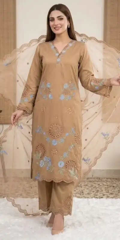 VLM 343 Chiku Roman Salwar Suit with Cut Work & Embroidery Work. Exclusive Offer ₹2449. Delivery 4-6 Working Days. Shop now. | Casual Suits, Jump Suits, Creative suits, Designer Suits, Palazzo Suits, Party Wear Suits, Patiala Suits, Salwar suit, Straight Suits