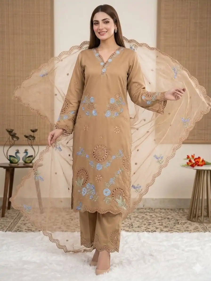 VLM 343 Chiku Roman Salwar Suit with Cut Work & Embroidery Work. Exclusive Offer ₹2449. Delivery 4-6 Working Days. Shop now. | Casual Suits, Jump Suits, Creative suits, Designer Suits, Palazzo Suits, Party Wear Suits, Patiala Suits, Salwar suit, Straight Suits