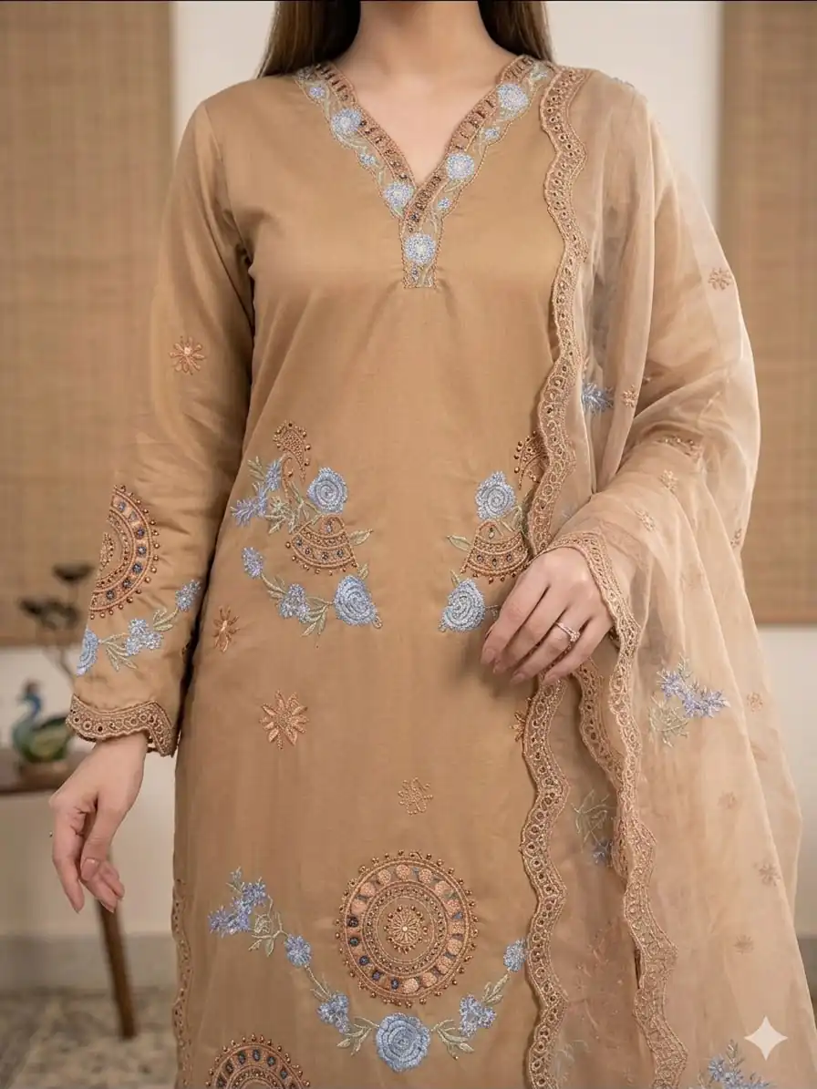 VLM 343 Chiku Roman Salwar Suit with Cut Work & Embroidery Work. Exclusive Offer ₹2449. Delivery 4-6 Working Days. Shop now. | Casual Suits, Jump Suits, Creative suits, Designer Suits, Palazzo Suits, Party Wear Suits, Patiala Suits, Salwar suit, Straight Suits