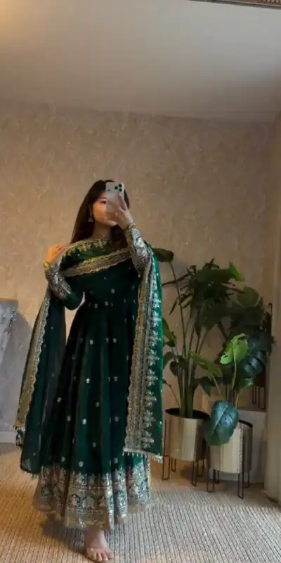 JF 033 Green in Maroon Georgette Sequins Work & Embroidery Work Gown . Introductory Price ₹2099. Delivery 4-6 Working Days. Shop now. | Bollywood Gowns, Creative Gowns, Designer Gowns, Embroidered Gowns, Gowns, Party Wear Gowns