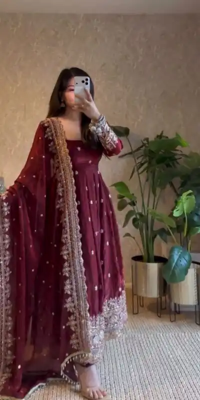 JF 033 Maroon in Maroon Georgette Sequins Work & Embroidery Work Gown . Introductory Price ₹2099. Delivery 4-6 Working Days. Shop now. | Bollywood Gowns, Creative Gowns, Designer Gowns, Embroidered Gowns, Gowns, Party Wear Gowns