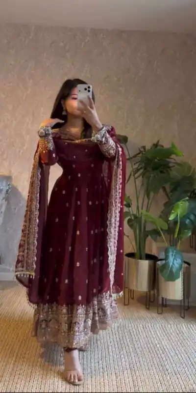 JF 033 Maroon in Maroon Georgette Sequins Work & Embroidery Work Gown . Introductory Price ₹2099. Delivery 4-6 Working Days. Shop now. | Bollywood Gowns, Creative Gowns, Designer Gowns, Embroidered Gowns, Gowns, Party Wear Gowns