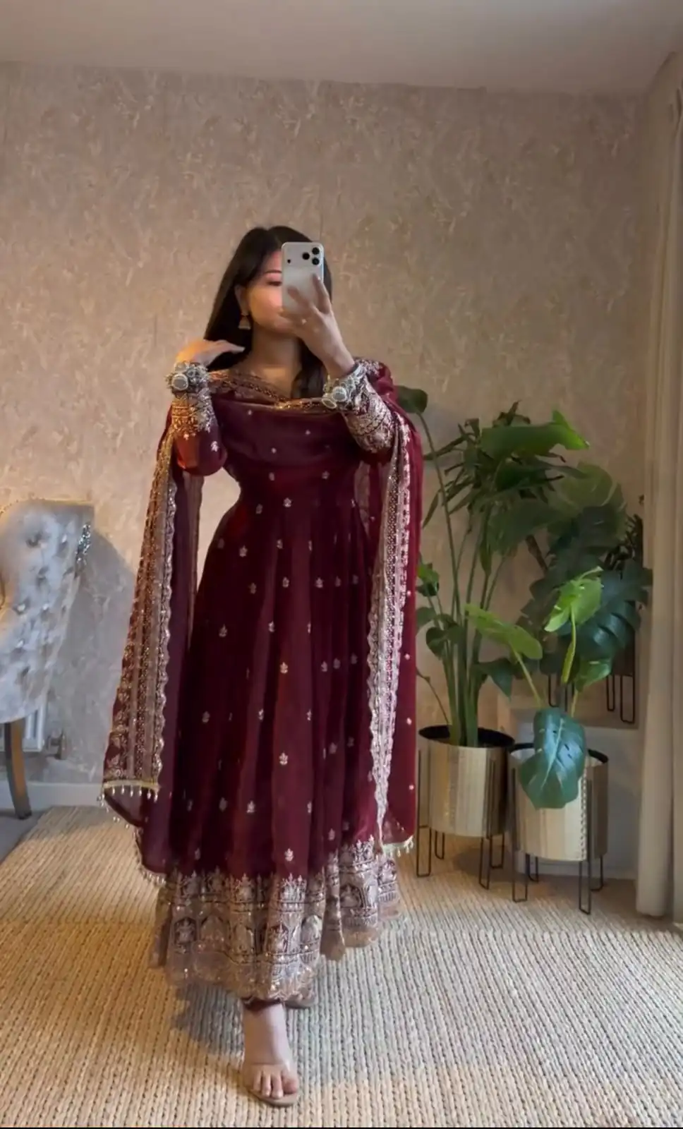 JF 033 Maroon in Maroon Georgette Sequins Work & Embroidery Work Gown . Introductory Price ₹2099. Delivery 4-6 Working Days. Shop now. | Bollywood Gowns, Creative Gowns, Designer Gowns, Embroidered Gowns, Gowns, Party Wear Gowns