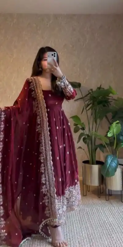 JF 033 Maroon in Maroon Georgette Sequins Work & Embroidery Work Gown . Introductory Price ₹2099. Delivery 4-6 Working Days. Shop now. | Bollywood Gowns, Creative Gowns, Designer Gowns, Embroidered Gowns, Gowns, Party Wear Gowns