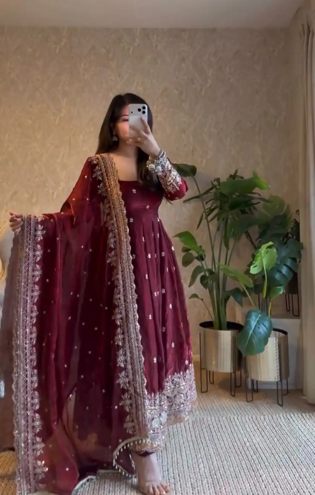 JF 033 Maroon in Maroon Georgette Sequins Work & Embroidery Work Gown . Introductory Price ₹2099. Delivery 4-6 Working Days. Shop now. | Bollywood Gowns, Creative Gowns, Designer Gowns, Embroidered Gowns, Gowns, Party Wear Gowns