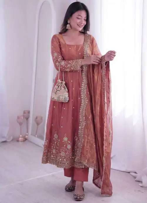 ZB 5073 Peach Fendy Silk Gown Perfect for Wedding, Party, Baisakhi, Traditional Day, Makar Sankranti – Introductory Price ₹2049. Delivery 4-6 Working Days. | Bollywood Gowns, Creative Gowns, Designer Gowns, Embroidered Gowns, Gowns, Party Wear Gowns