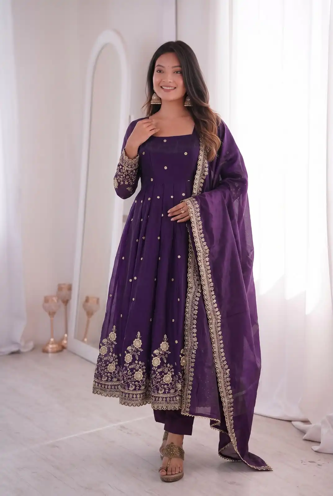 ZB 5073 Purple Fendy Silk Gown Perfect for Wedding, Party, Baisakhi, Traditional Day, Makar Sankranti – Introductory Price ₹2049. Delivery 4-6 Working Days. | Bollywood Gowns, Creative Gowns, Designer Gowns, Embroidered Gowns, Gowns, Party Wear Gowns