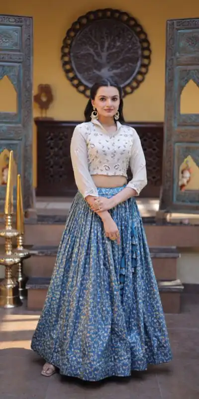 KA 5070 Teal | Cosmos Lehenga Choli with Embroidery Work & Bead Work. Available at ₹2599 only. Delivery 4-6 Working Days. Shop now. | Bollywood Lehenga, Creative Lehenga, Designer Lehenga, Embroidered Lehenga, Lehenga, Party Wear Lehenga