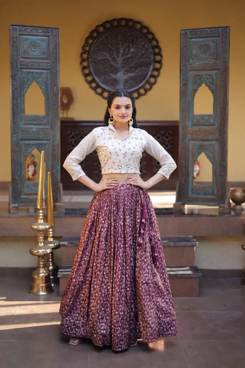 KA 5070 Wine | Cosmos Lehenga Choli with Embroidery Work & Bead Work. Available at ₹2599 only. Delivery 4-6 Working Days. Shop now. | Bollywood Lehenga, Creative Lehenga, Designer Lehenga, Embroidered Lehenga, Lehenga, Party Wear Lehenga