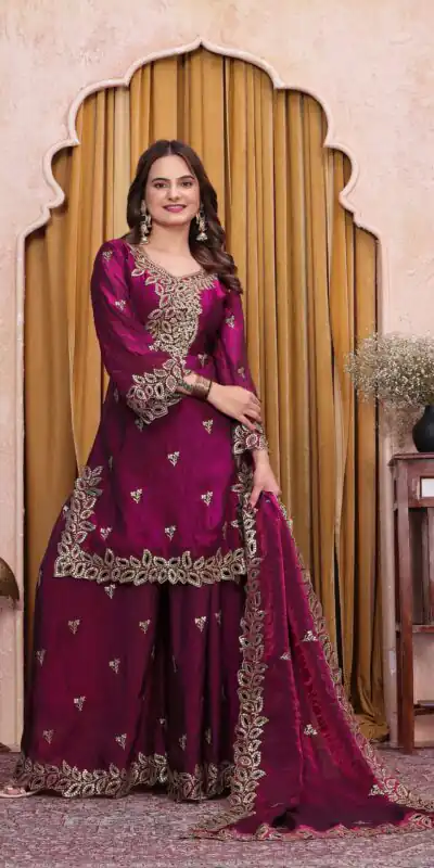 FE 141 Wine Fendy Silk Salwar Suit with Mirror Work & Embroidery Work. Best Price ₹2449. Delivery 4-6 Working Days. Shop now. | Casual Suits, Jump Suits, Creative suits, Designer Suits, Palazzo Suits, Party Wear Suits, Patiala Suits, Salwar suit, Straight Suits