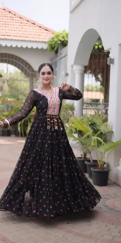 KA 1265 Black Color Faux Georgette Gown with Mirror Work. Wedding, Party, Festive, Events Get it for ₹1819. Delivery 4-6 Working Days.Online Shop now. | Bollywood Gowns, Creative Gowns, Designer Gowns, Embroidered Gowns, Gowns, Party Wear Gowns
