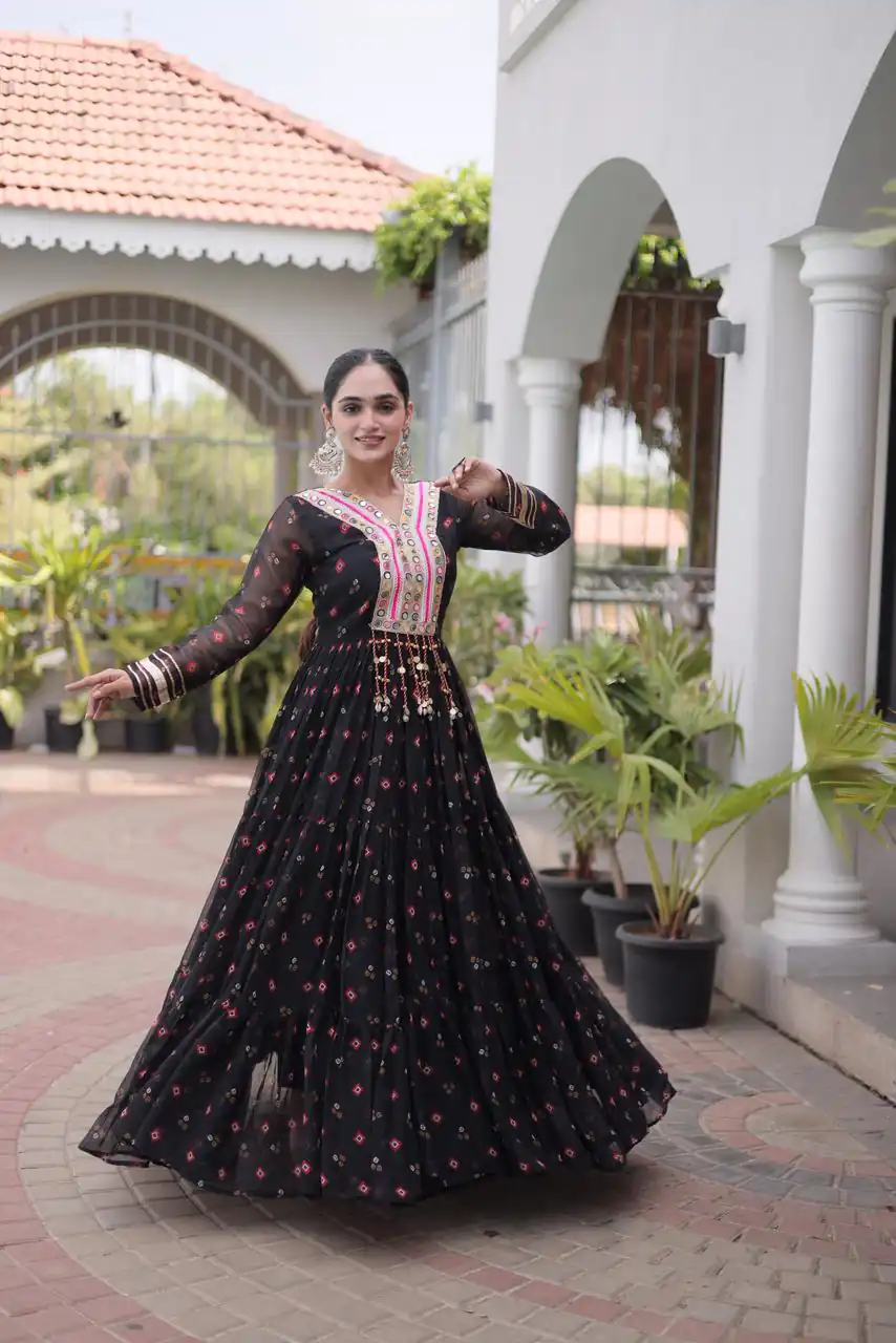 KA 1265 Black Color Faux Georgette Gown with Mirror Work. Wedding, Party, Festive, Events Get it for ₹1819. Delivery 4-6 Working Days.Online Shop now. | Bollywood Gowns, Creative Gowns, Designer Gowns, Embroidered Gowns, Gowns, Party Wear Gowns