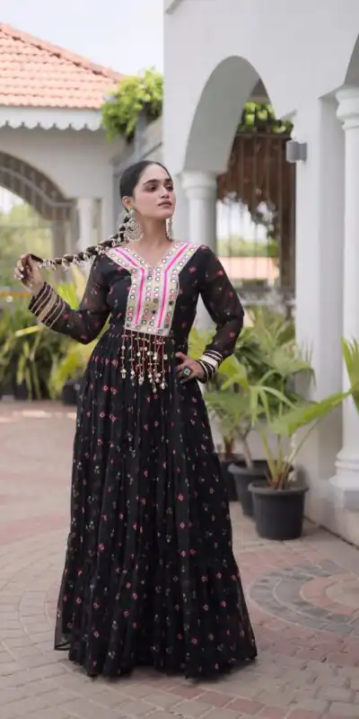 KA 1265 Black Color Faux Georgette Gown with Mirror Work. Wedding, Party, Festive, Events Get it for ₹1819. Delivery 4-6 Working Days.Online Shop now. | Bollywood Gowns, Creative Gowns, Designer Gowns, Embroidered Gowns, Gowns, Party Wear Gowns