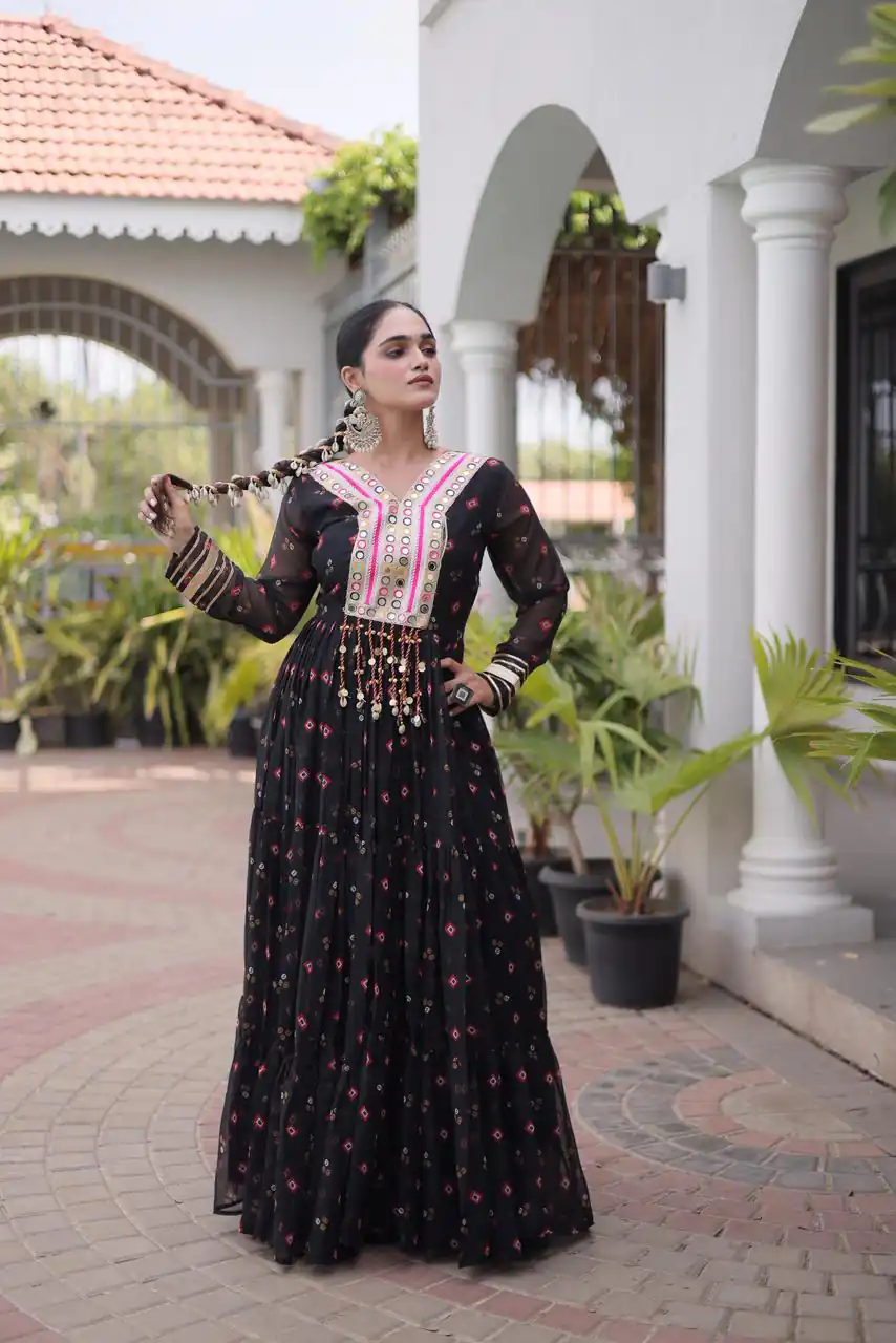 KA 1265 Black Color Faux Georgette Gown with Mirror Work. Wedding, Party, Festive, Events Get it for ₹1819. Delivery 4-6 Working Days.Online Shop now. | Bollywood Gowns, Creative Gowns, Designer Gowns, Embroidered Gowns, Gowns, Party Wear Gowns