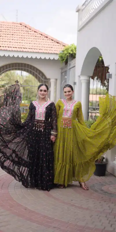 KA 1265 Black Color Faux Georgette Gown with Mirror Work. Wedding, Party, Festive, Events Get it for ₹1819. Delivery 4-6 Working Days.Online Shop now. | Bollywood Gowns, Creative Gowns, Designer Gowns, Embroidered Gowns, Gowns, Party Wear Gowns