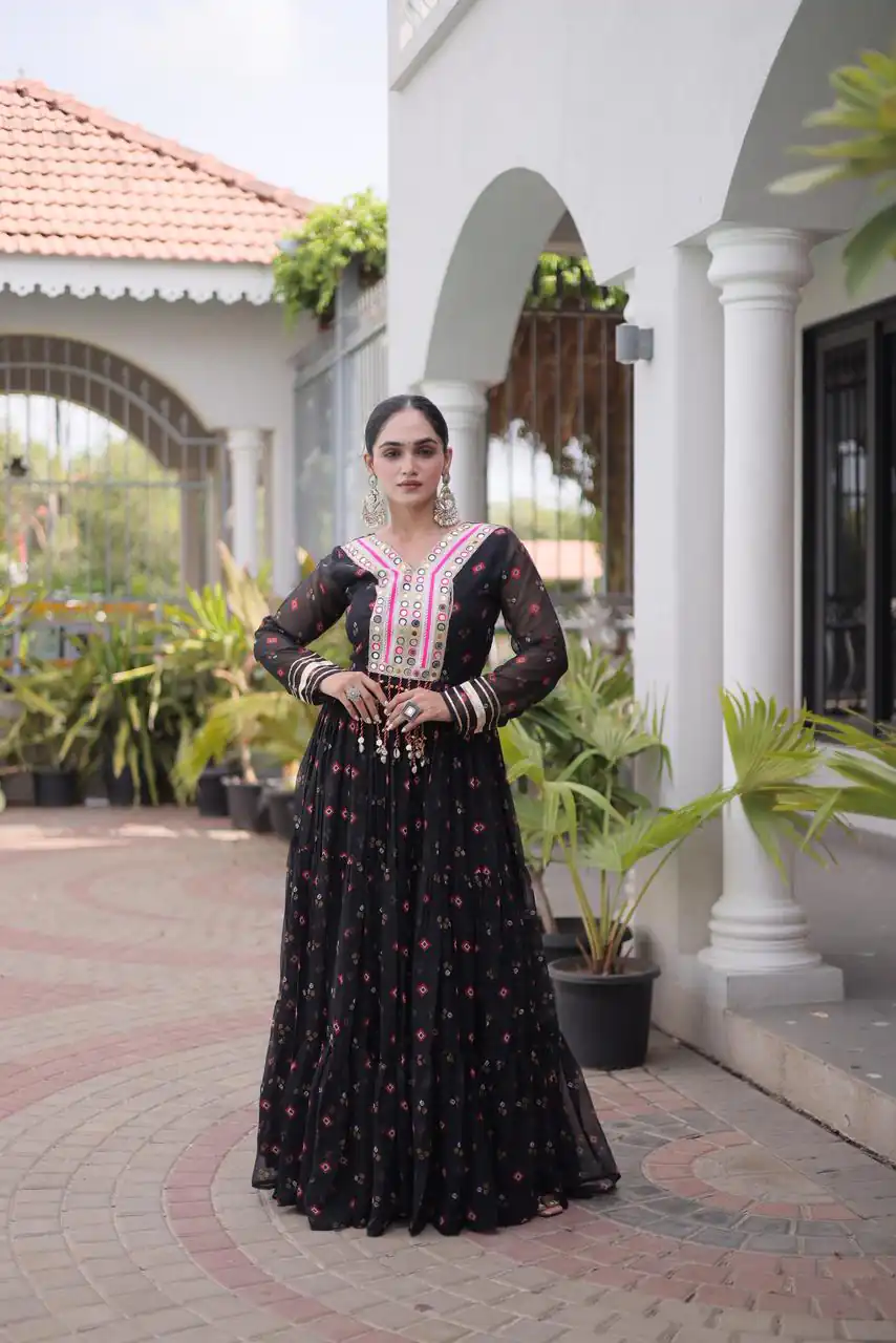 KA 1265 Black Color Faux Georgette Gown with Mirror Work. Wedding, Party, Festive, Events Get it for ₹1819. Delivery 4-6 Working Days.Online Shop now. | Bollywood Gowns, Creative Gowns, Designer Gowns, Embroidered Gowns, Gowns, Party Wear Gowns