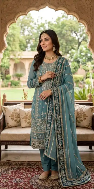 ZSR 3175 Blue Fox Georgette Salwar Suit with Embroidery Work & Sequins Work. Grab it for ₹2399. Delivery 4-6 Working Days. Shop now. | Casual Suits, Jump Suits, Creative suits, Designer Suits, Palazzo Suits, Party Wear Suits, Patiala Suits, Salwar suit, Straight Suits