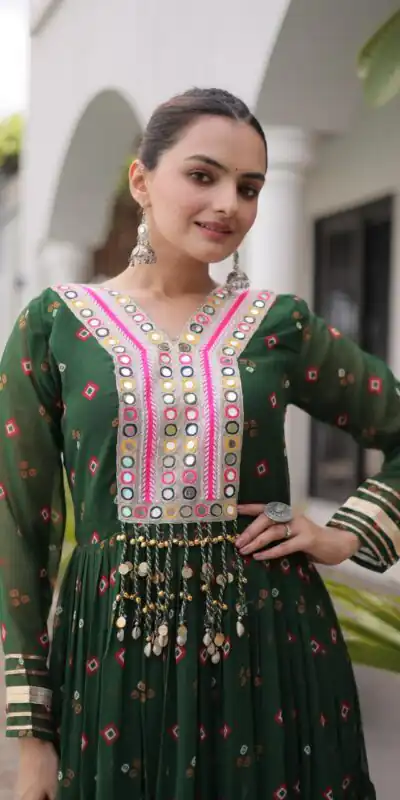 KA 1265 Green Color Faux Georgette Gown with Mirror Work. Wedding, Party, Festive, Events Get it for ₹1819. Delivery 4-6 Working Days.Online Shop now. | Bollywood Gowns, Creative Gowns, Designer Gowns, Embroidered Gowns, Gowns, Party Wear Gowns