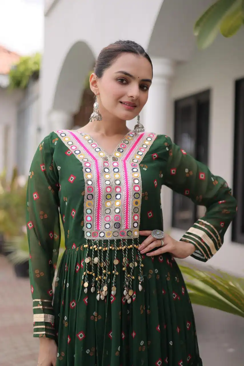 KA 1265 Green Color Faux Georgette Gown with Mirror Work. Wedding, Party, Festive, Events Get it for ₹1819. Delivery 4-6 Working Days.Online Shop now. | Bollywood Gowns, Creative Gowns, Designer Gowns, Embroidered Gowns, Gowns, Party Wear Gowns